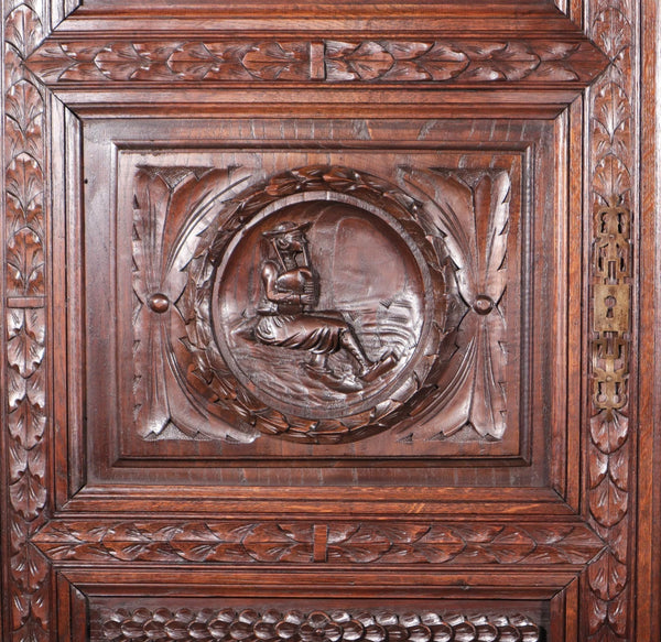 91" Tall French Antique Breton Armoire/Cabinet in Solid Chestnut Highly Carved