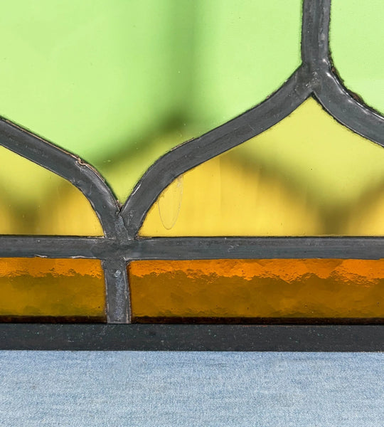 40" Wide Antique French Stained Glass Window Panel with Green & Yellow Glass