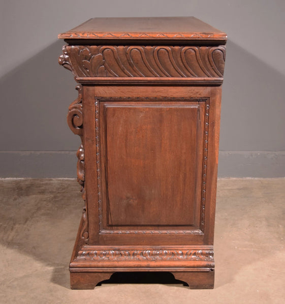 Antique French Renaissance Sideboard/Buffet in Solid Oak Highly Carved w/Lions