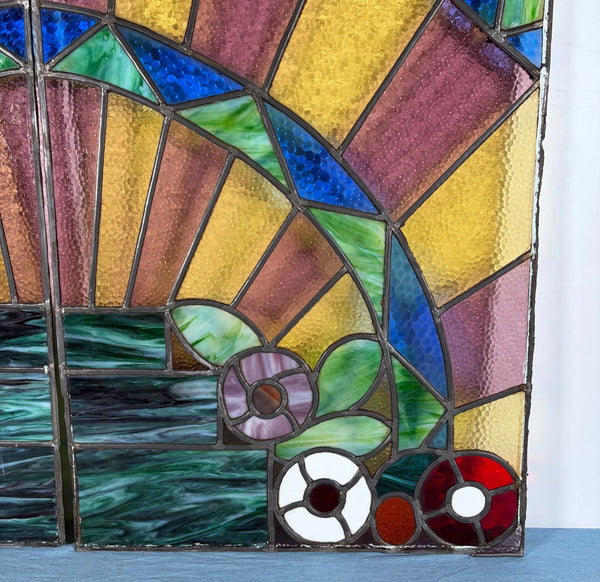 43" Tall Pair of Antique French Art Deco Stained Glass Window Panels