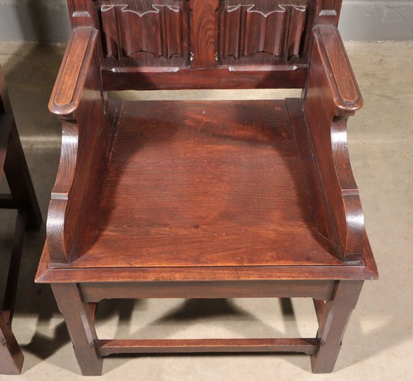 Large Pair of Antique Gothic Arm/Throne Chairs Solid Chestnut Hand Carved Wood