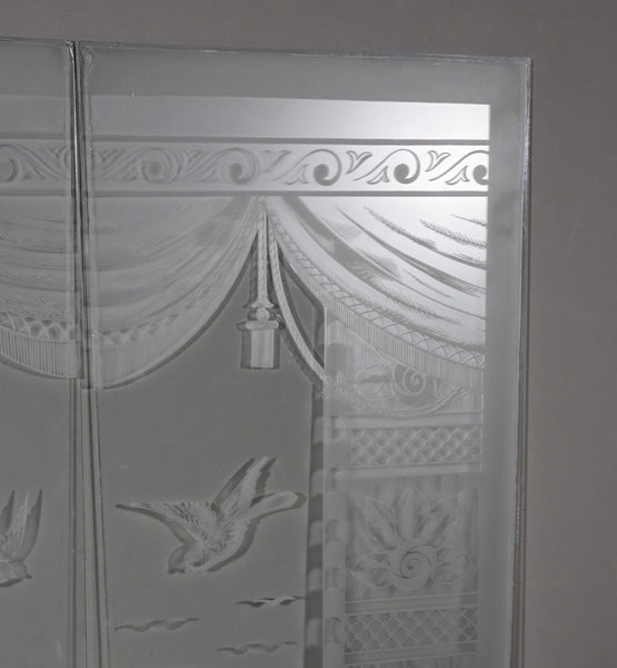 48" Tall Pair of Antique French Etched Glass Windows Frosted Glass with Birds