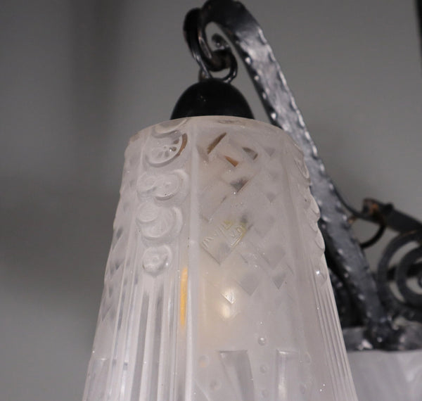 Antique French Art Deco Chandelier with Frosted Glass and Iron by Muller Freres