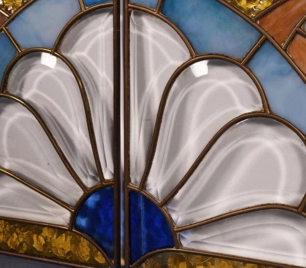 Pair of Vintage French Art Deco Stained Glass Panels with Copper Frames