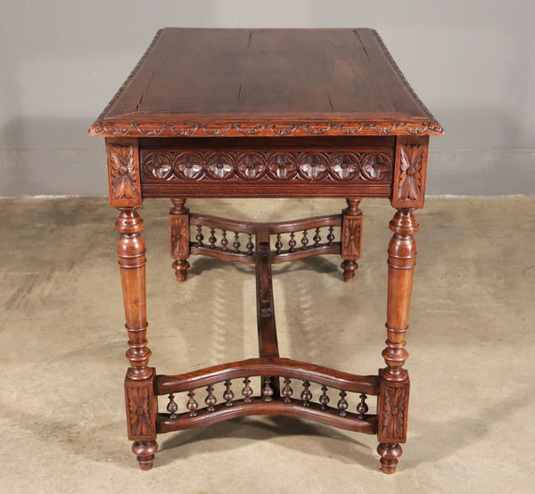 Antique French Breton Desk/Library Table in Solid Chestnut Wood with Carvings