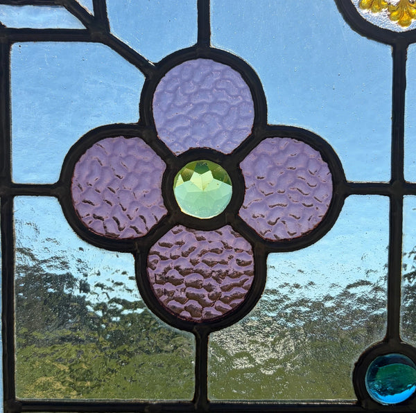 38" Tall Antique French Stained/Leaded Glass Panel w/Griffin and Uranium Glass