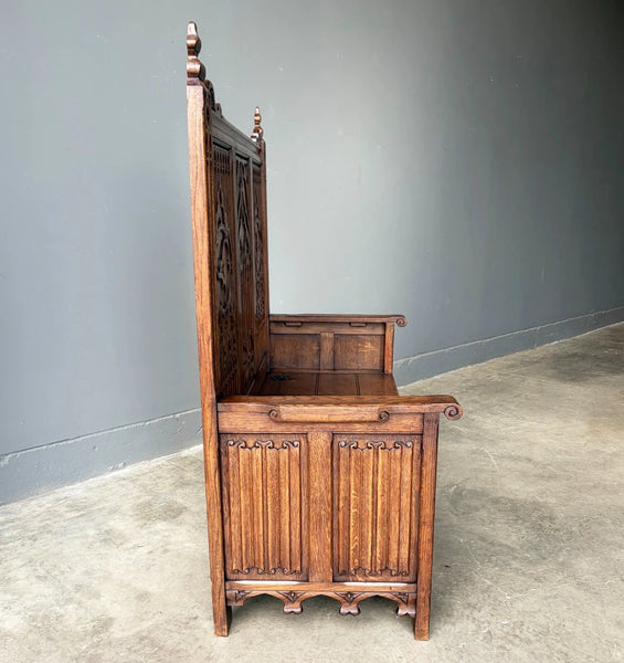 Vintage French Gothic Revival Oak Wood Bench/Settee/Chair Highly Carved