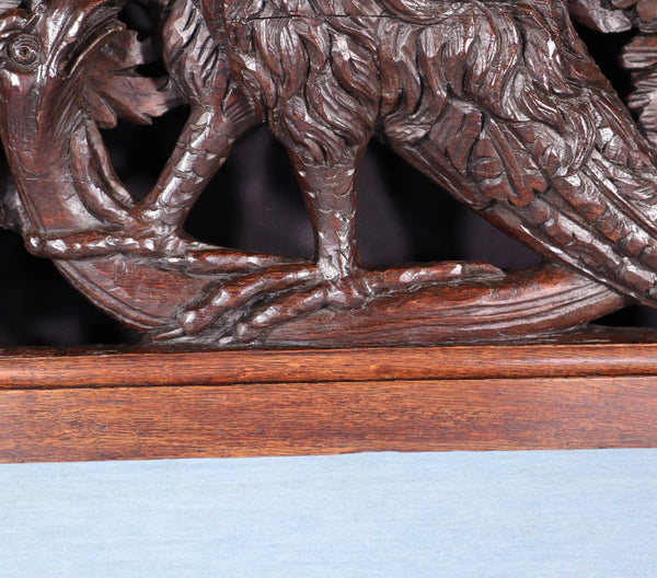 62" Wide XL Antique French Solid Oak Wood Highly Carved Crest with Bird
