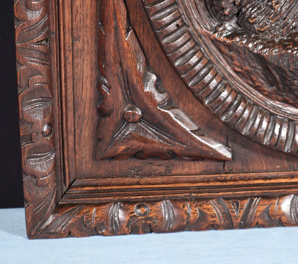 24" Tall Antique French Solid Oak Panel Highly Carved Harvest Theme w/Woman