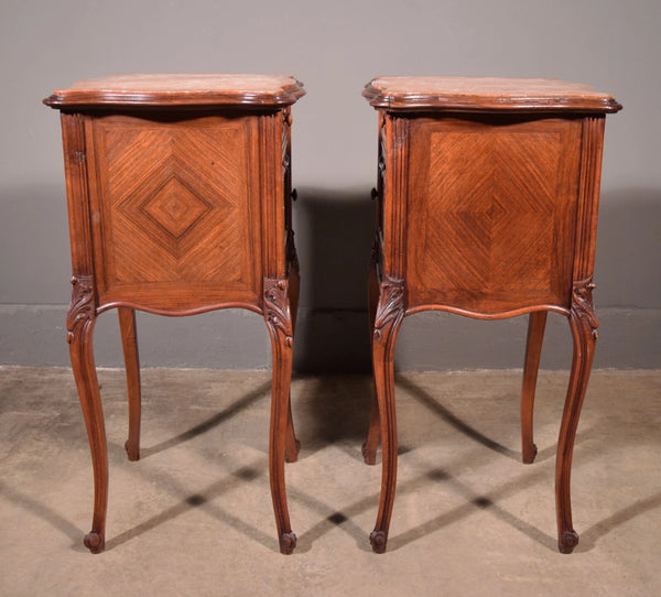 Pair of Antique French Louis XV Nightstands in Walnut with Marble Tops
