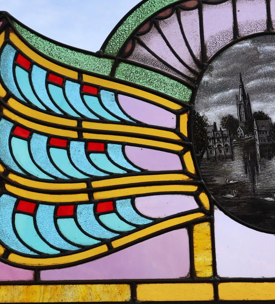 36" Wide Antique French Art Deco Stained Glass Panel of Bruges w/Copper Frame