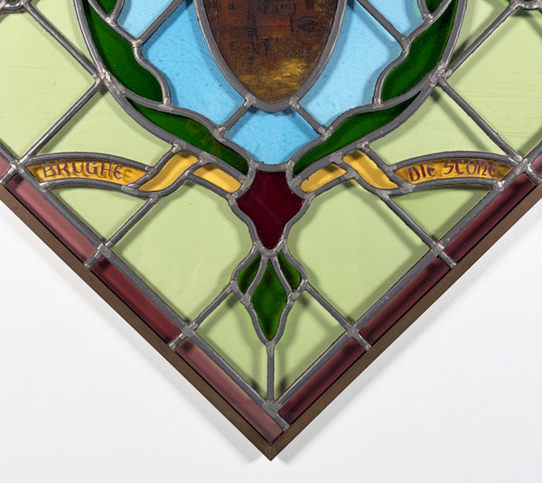 31" Tall Vintage Belgian/Flanders Stained/Leaded Glass Panel of Bruges Belgium