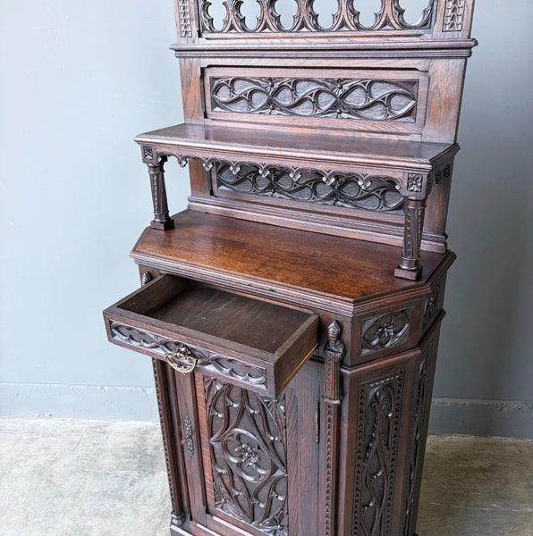 Antique French Gothic Revival Cabinet/Console/Sideboard,Highly Carved Oak