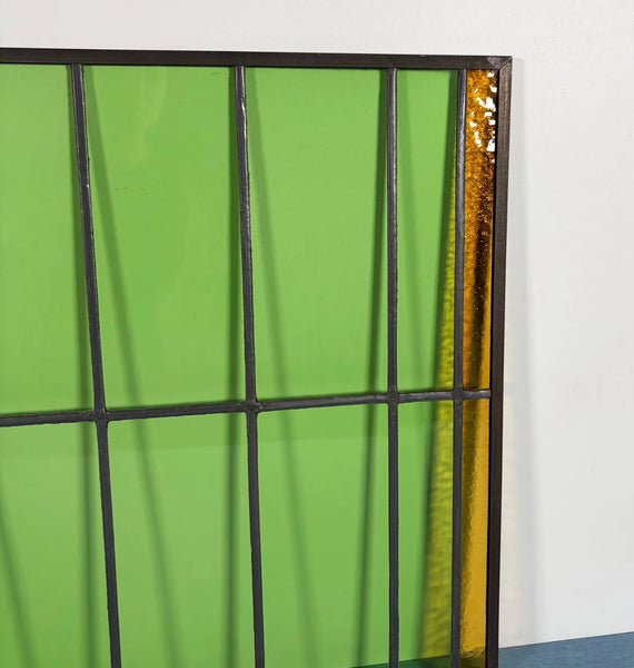 43" Tall Pair of Antique French Stained Glass Window Panels Green & Yellow Glass