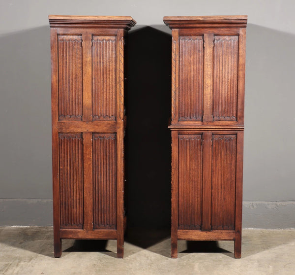 50" Tall Pair of Vintage French Solid Oak Wood Highly Carved Gothic Cabinets