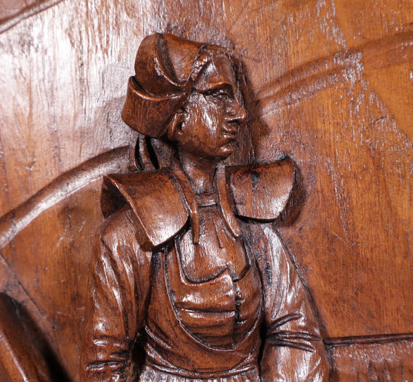 25" Tall Antique French Highly Carved Breton Panel in Solid Chestnut Wood