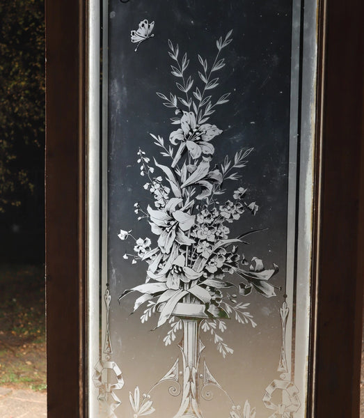 88" Tall Pair of Antique French Etched Glass Windows Frosted Glass with Flowers