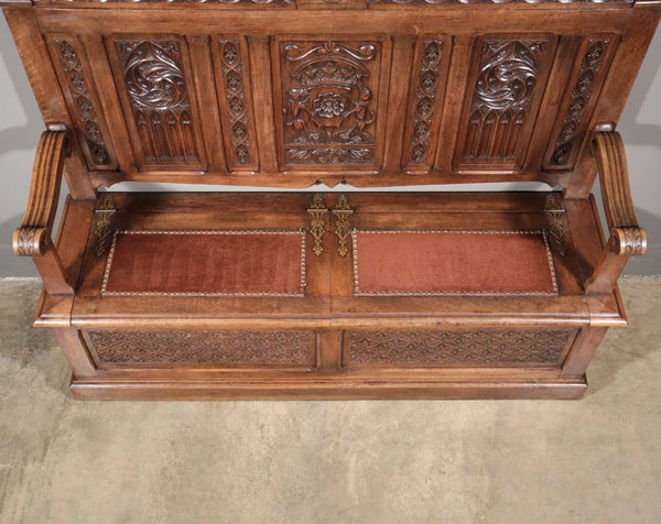 Antique French Gothic Revival Walnut Wood Bench/Settee/Chair Highly Carved