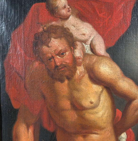 Antique Oil Painting St Christopher After Peter Paul Ruben's Triptych by Hauph