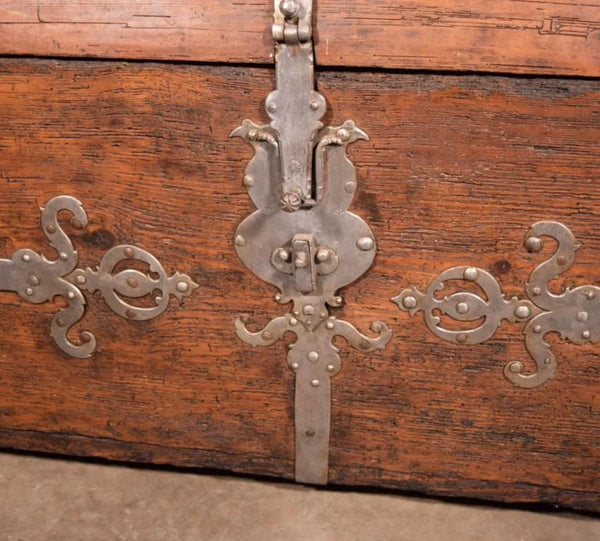 Large Antique French Chest/Trunk in Solid Pine Wood With Iron Straps 1800's