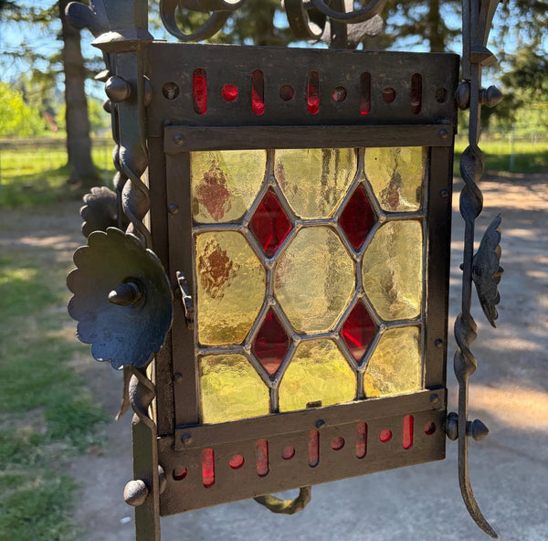 27" French Antique Gothic Iron & Stained Glass Hanging Chandelier/Pendant Lamp