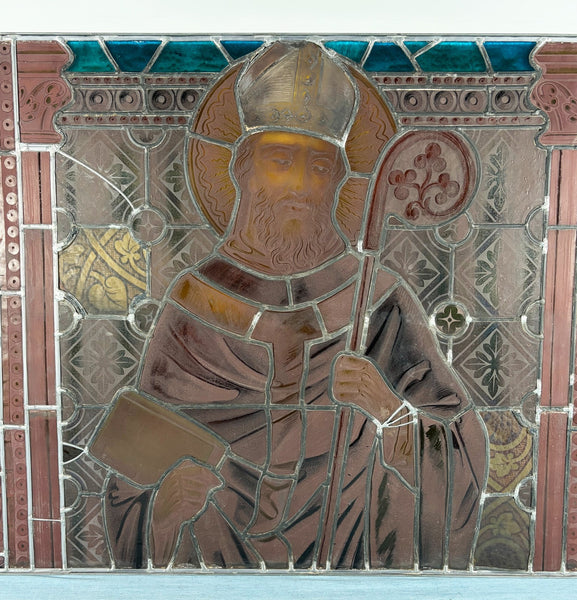 38" Wide Antique Stained/Leaded Glass Panel of Saint Highly Detailed