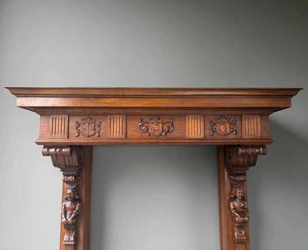 82" Large Vintage Renaissance Revival Oak Fireplace Surround/Mantel w/Figures