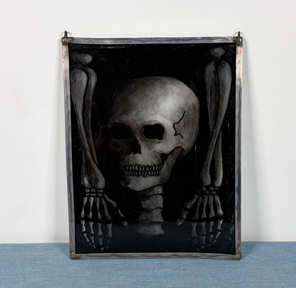 9" Tall Vintage Belgian Stained/Leaded Glass Panel of a Skeleton/Skull