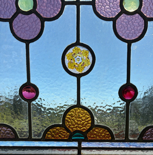 38" Tall Antique French Stained/Leaded Glass Panel w/Griffin and Uranium Glass