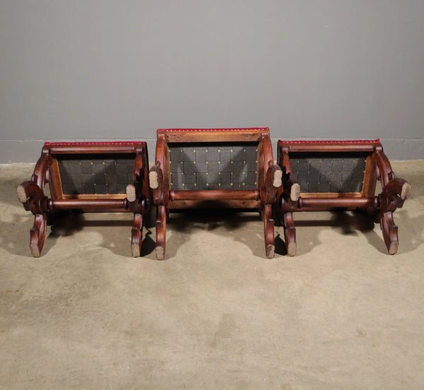 Antique Gothic Priest's Pulpit/Sanctuary Chair Set In Solid Oak and Red Velvet
