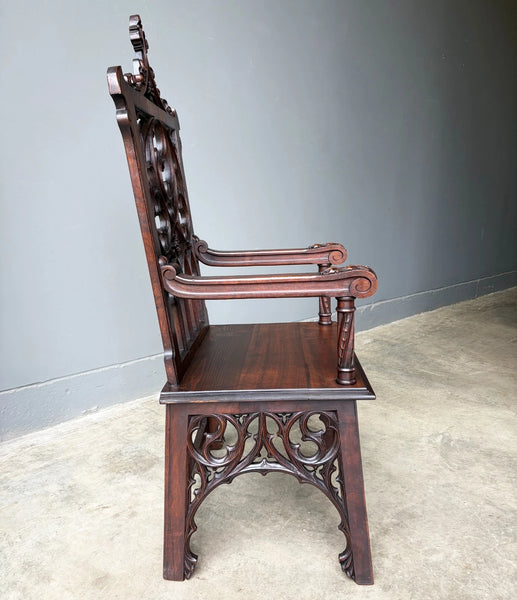 French Antique Gothic Revival Walnut Arm Chair Carved Wood Desk Chair