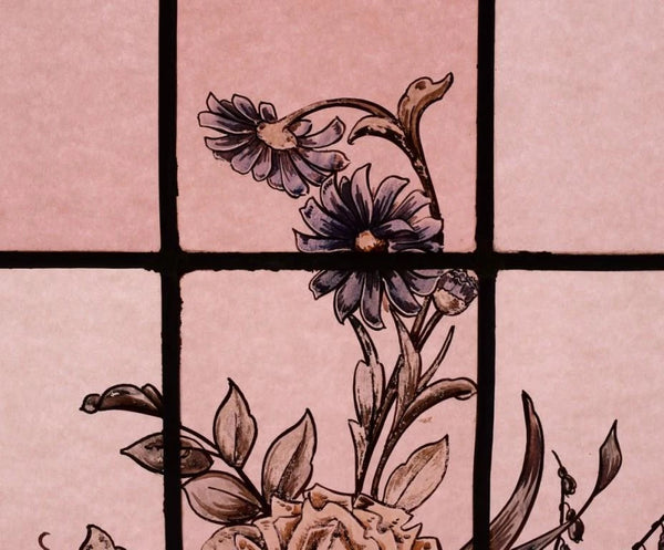 69" Pair of Vintage French Art Deco Stained Glass Windows w/Hand Painted Flowers