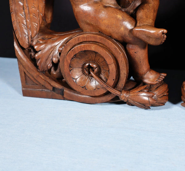 13" Tall Pair of French Antique Solid Walnut Wood Highly Carved Cherubs