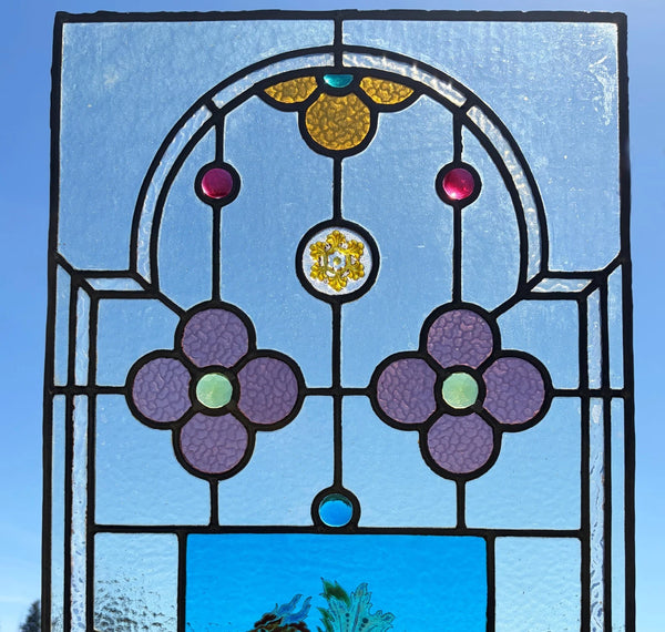 38" Tall Antique French Stained/Leaded Glass Panel w/Griffin and Uranium Glass