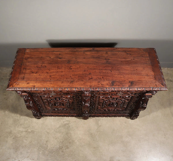 1700's Antique French Renaissance Sideboard in Solid Wood Oak Highly Carved