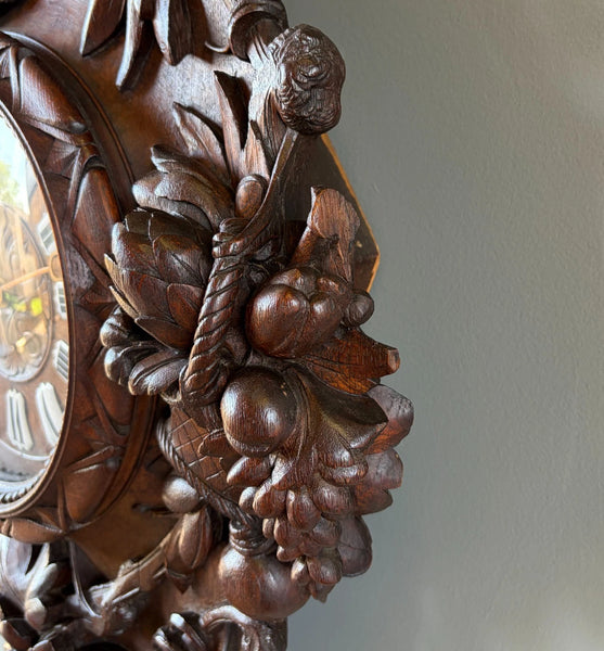 XL Antique French Renaissance Solid Oak Wood Highly Carved Clock Harvest Theme