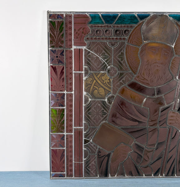 38" Wide Antique Stained/Leaded Glass Panel of Saint Highly Detailed
