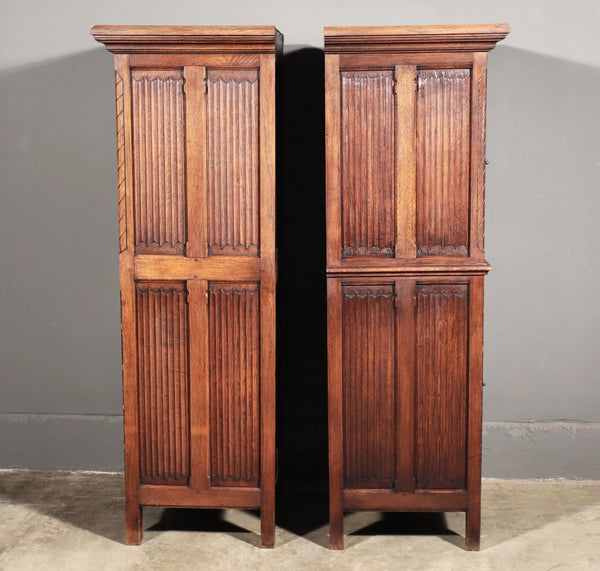 50" Tall Pair of Vintage French Solid Oak Wood Highly Carved Gothic Cabinets