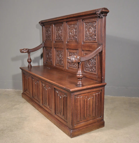 Antique French Renaissance Oak Wood Bench/Settee/Storage Bench with Lions