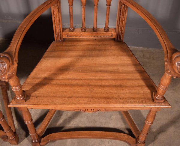 Pair of Antique Renaissance Revival Arm Chairs Solid Walnut Hand Carved Jesters