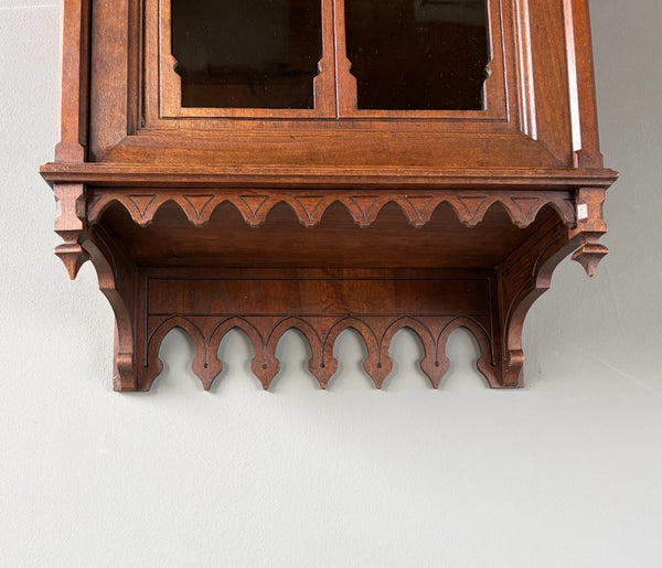 French Antique Gothic Revival Solid Oak and Walnut Wood Bar or Wall Cabinet