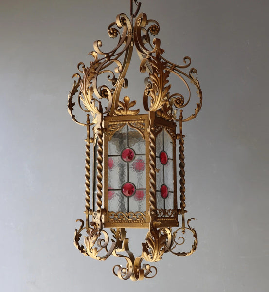 36" Tall XL French Antique Iron and Stained Glass Hanging Chandelier/Lamp