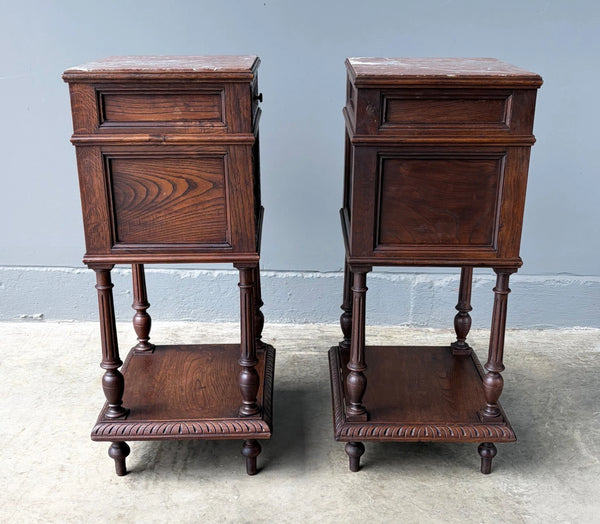 Pair of 34" Tall Antique French Breton Nightstands with Marble Tops in Chestnut