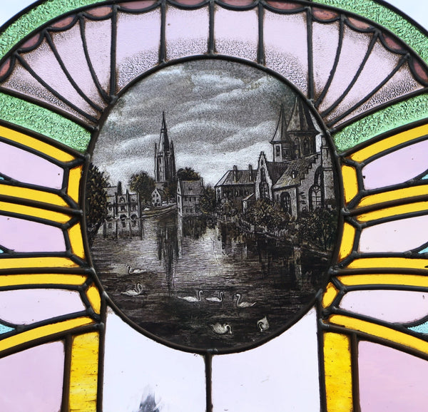 36" Wide Antique French Art Deco Stained Glass Panel of Bruges w/Copper Frame