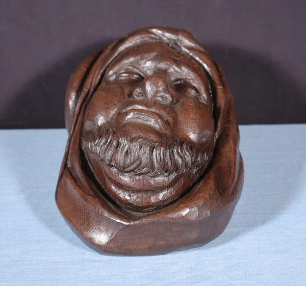 11" Tall Large Vintage Decorative Highly Carved Face/Head in Solid Oak Wood