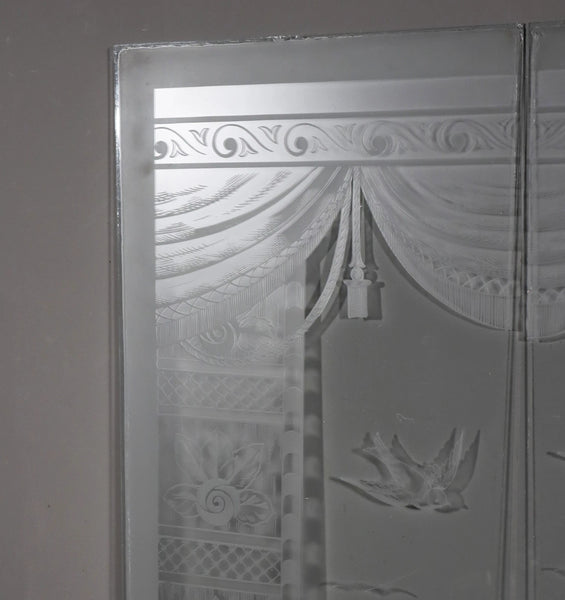 48" Tall Pair of Antique French Etched Glass Windows Frosted Glass with Birds