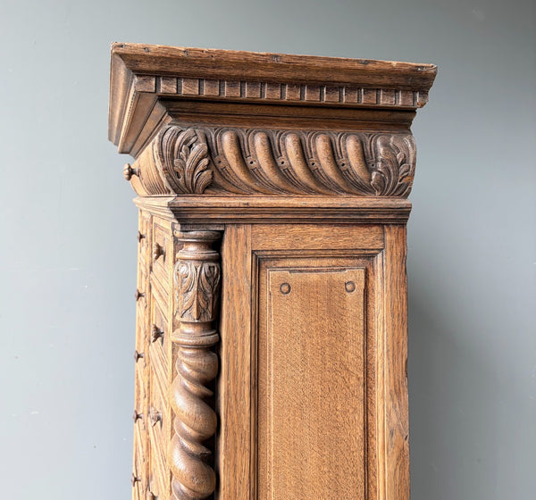 77" Tall Antique French Apothecary Cabinet Solid Oak Carved with Compartments