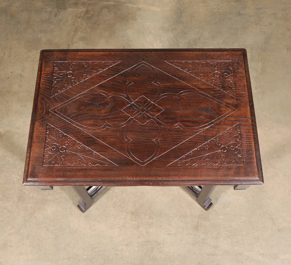 Antique French Gothic Revival Table in Solid Chestnut Wood With Carvings
