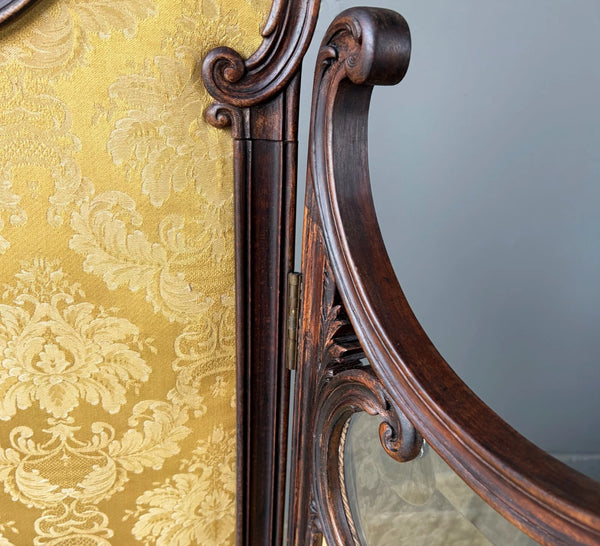 61" Tall Antique French Louis XV Rococo Tri-Fold Screen with Beveled Glass