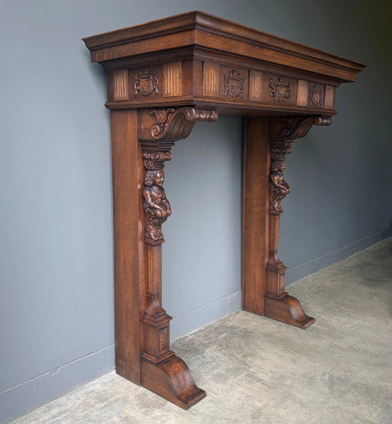 82" Large Vintage Renaissance Revival Oak Fireplace Surround/Mantel w/Figures